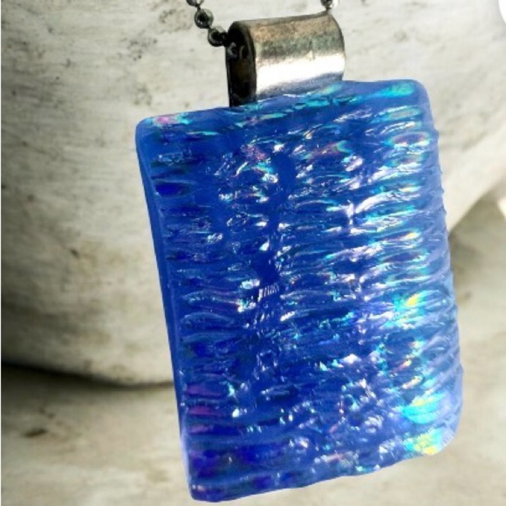 Lavender Blue Shimmer Art Glass Pendant Sterling silver chain
